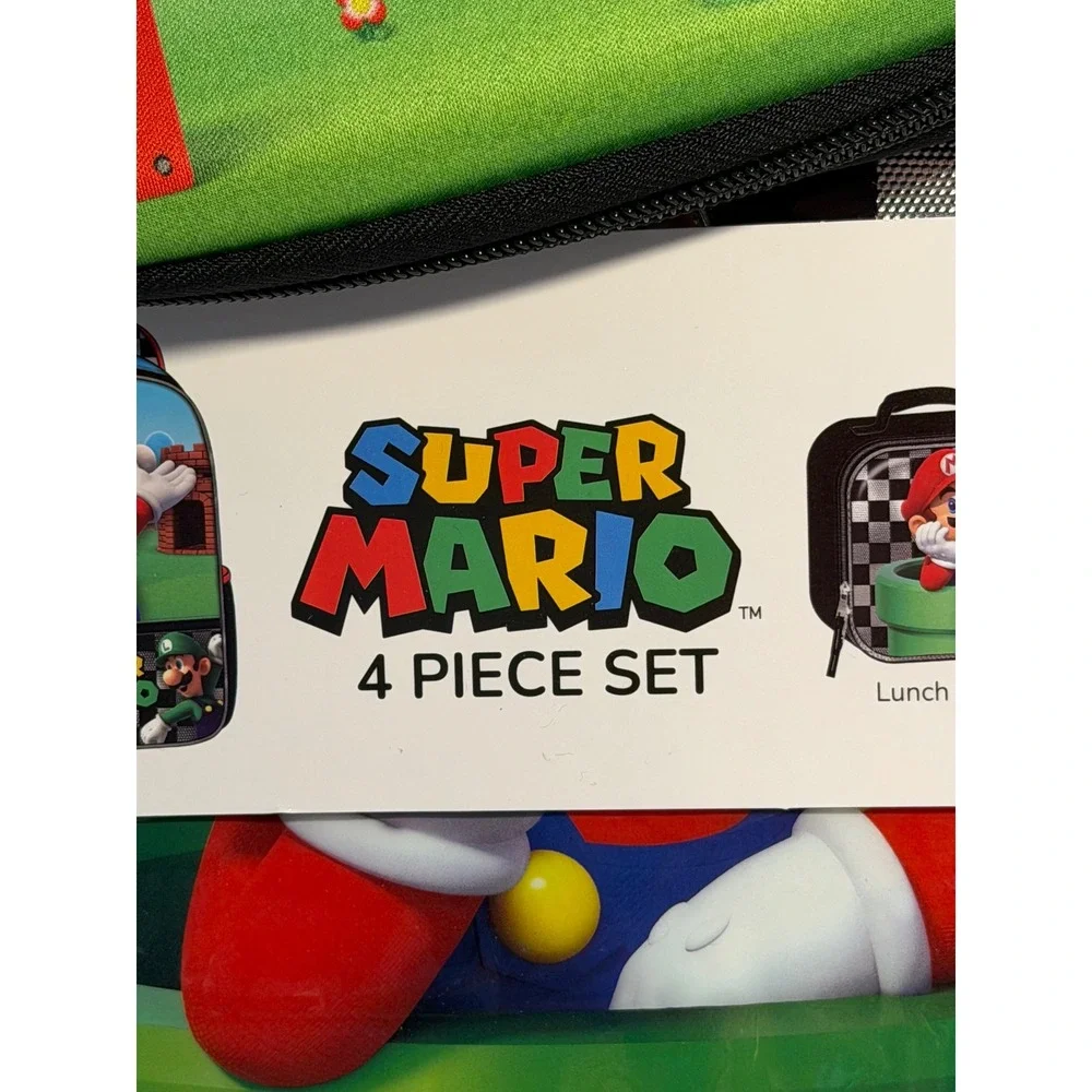 Nintendo Super Mario 4 Piece Backpack Set Lunch Bag Gadget Bag Lanyard New